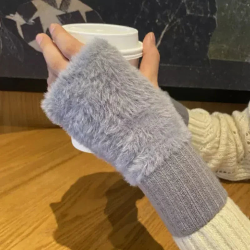 2024 New Mink Fleece Half Finger Gloves for Women's Soft Winter Warmth Luxury Solid Color Plush Knitted Fingerless Gloves