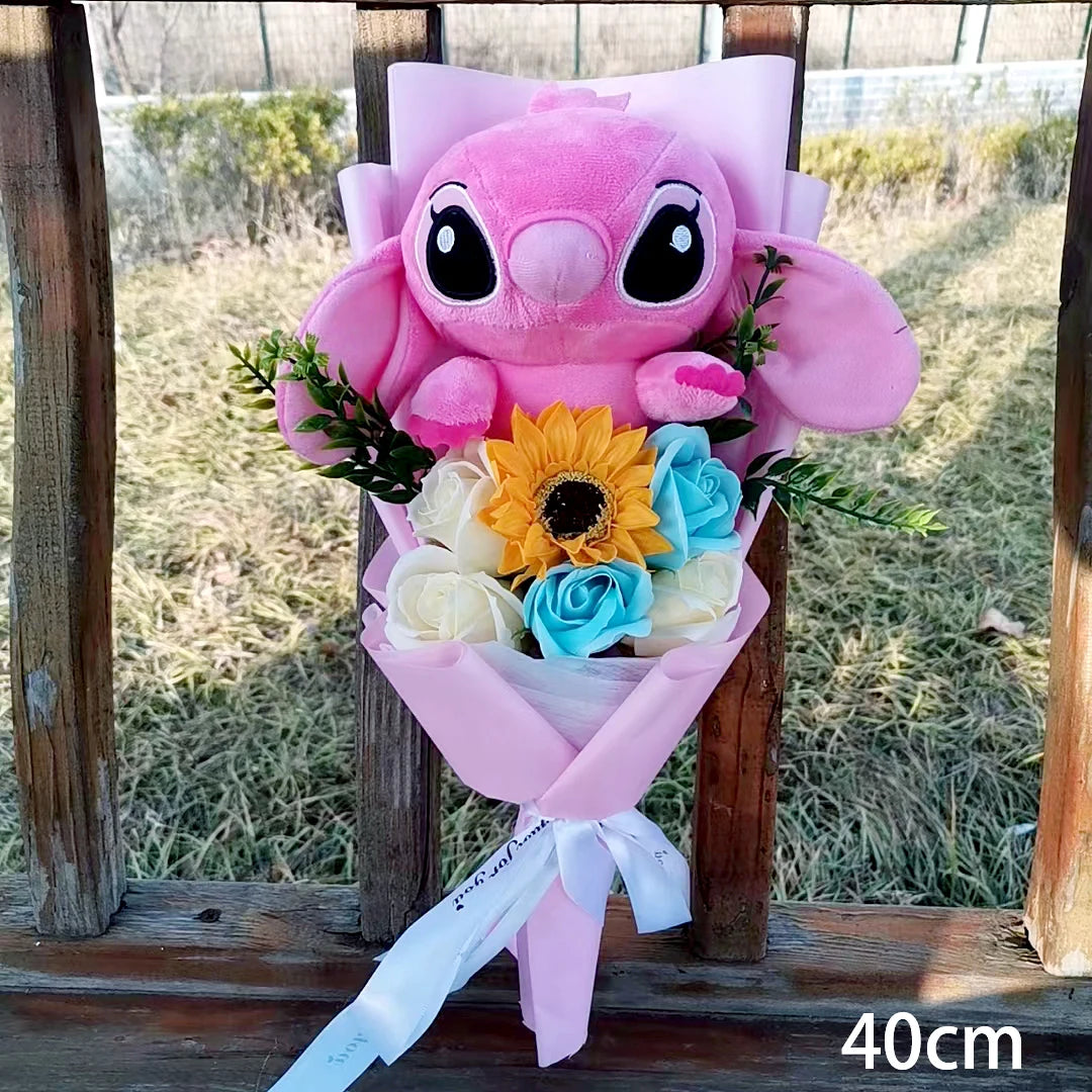 Anime Lilo & Stitch Plush Bouquet With Sunflower Soap Rose Flower Bouquet Cartoon Stuffed Valentine's Day Christmas Birthday Gif