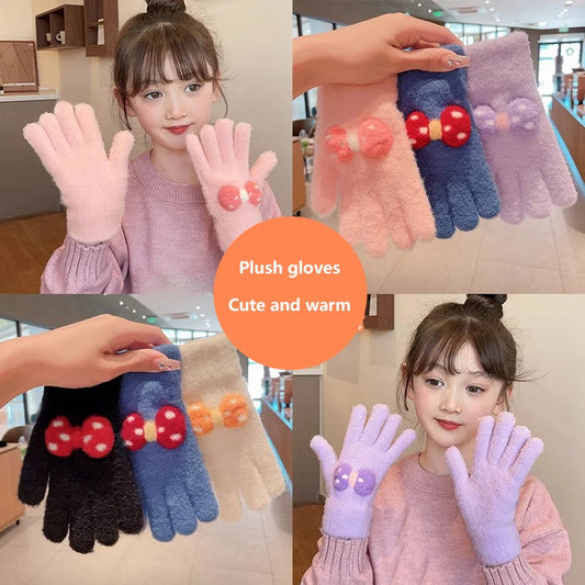 1Pair Winter Knitting Bowknot Plush Soft Five Finger Gloves Children Outdoor Warm Gloves Kids Colors Gloves