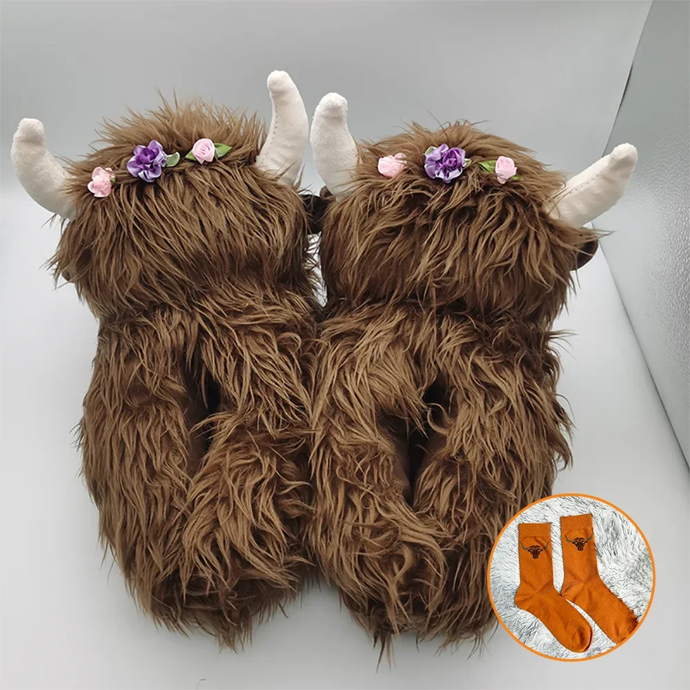 TreasuringU Highland Cow Plush Slippers with Stocks Animals Cow Slippers Kawaii Adult Kids Home Slippers Cattle Christmas  Shoes