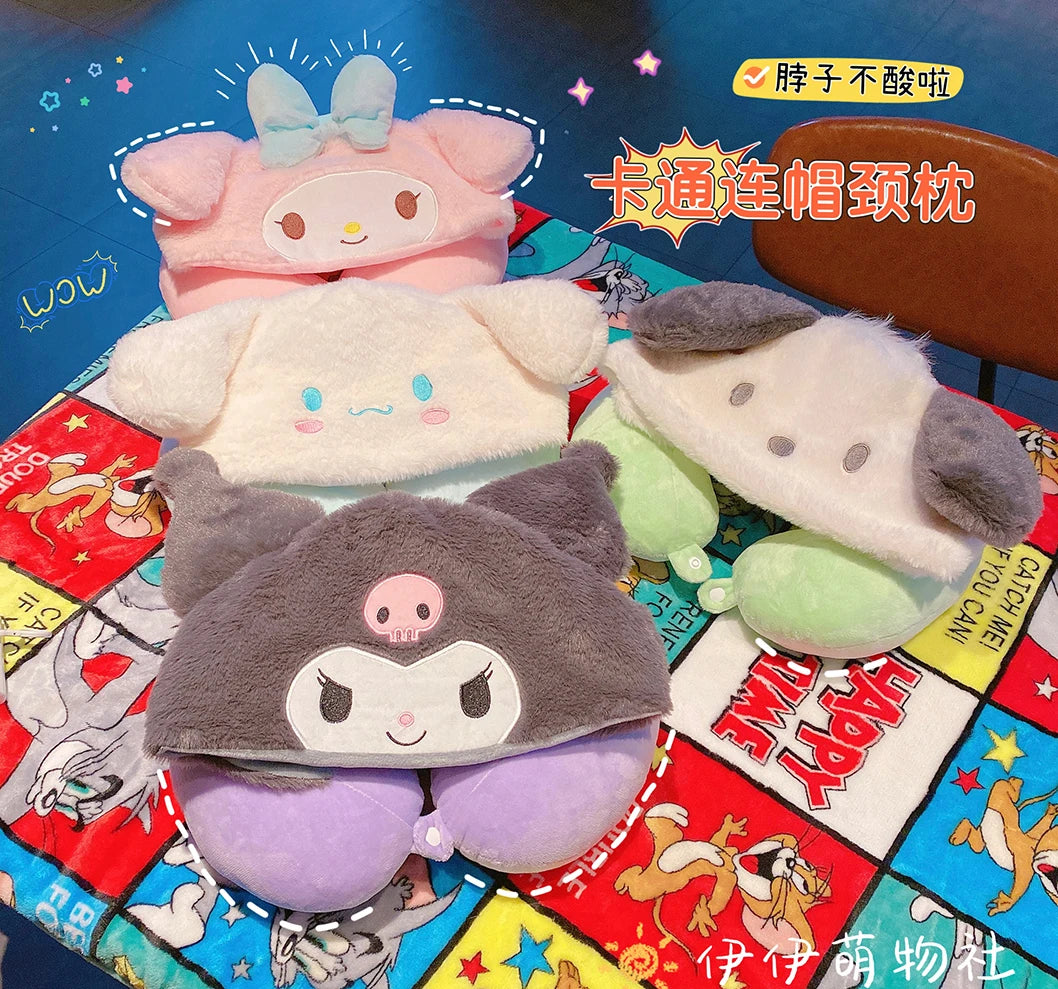 Sanrio Cartoon Kuromi My Melody U-shaped Hooded Neck Pillow Pochacco Travel Blackout Nap Pillow Office  Cinnamoroll Pillow Gift