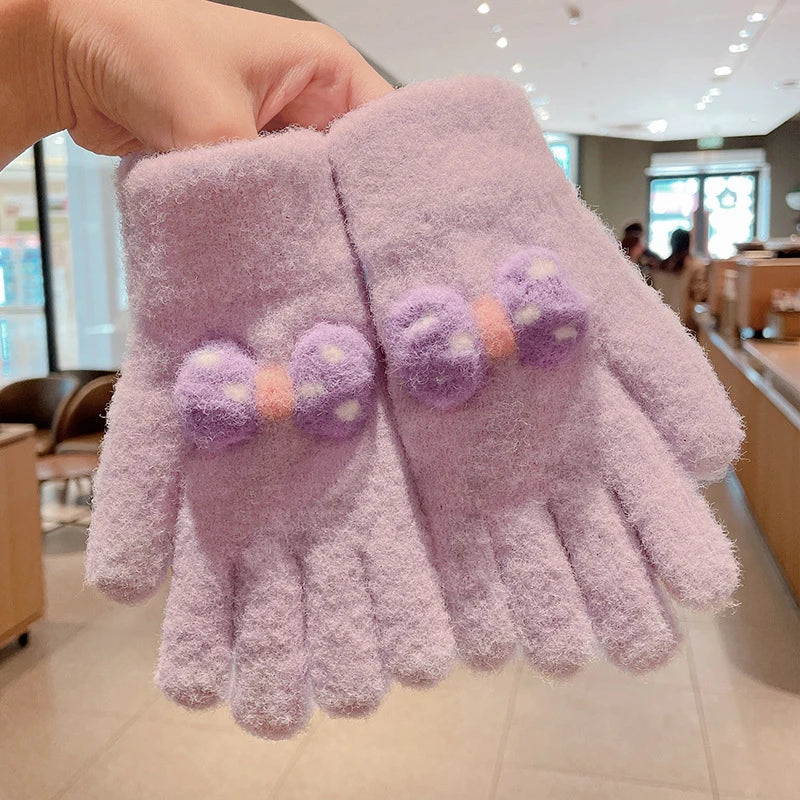 1Pair Winter Knitting Bowknot Plush Soft Five Finger Gloves Children Outdoor Warm Gloves Kids Colors Gloves