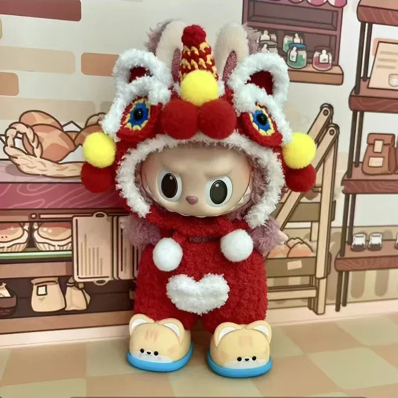 Mini Doll'S Clothes Outfit Accessories For 15-17cm Labubu Idol Lion dance hood hat wool knitting New Year clothes Clothing Gift