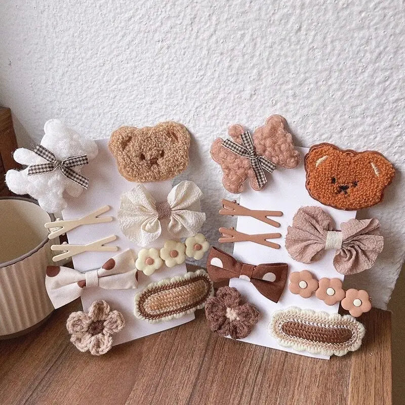 9pcs Girls Hair Clip Cartoon Bear Flowers Bow Decor Hairpin Side Cute Plush Brown Accessories