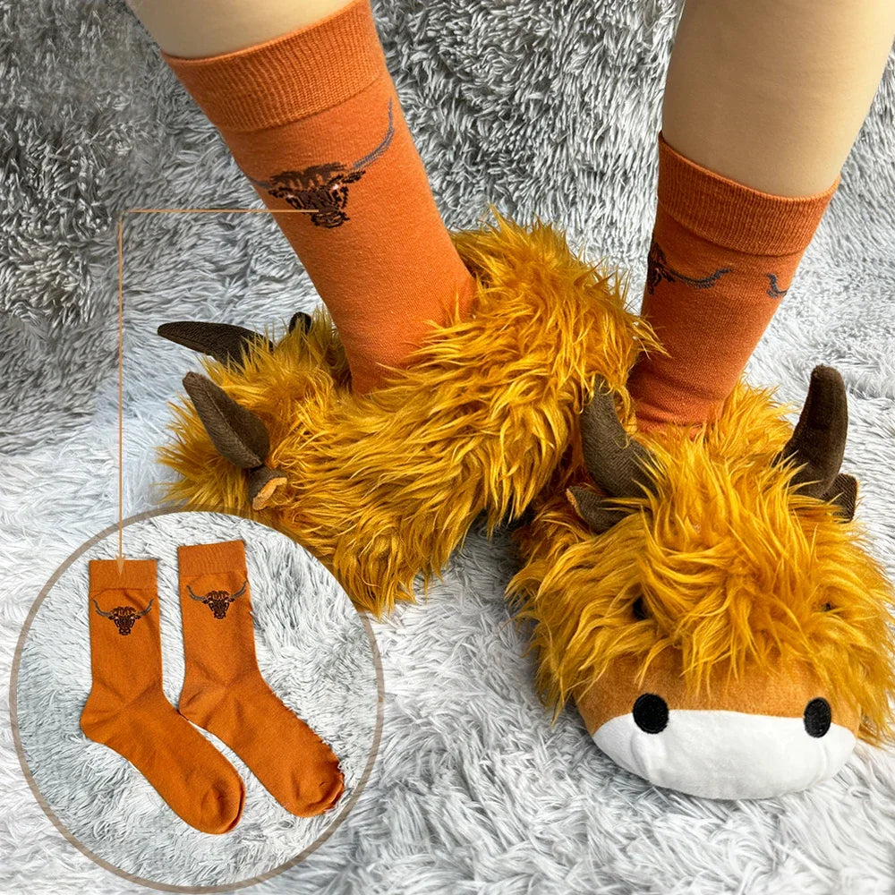 TreasuringU Highland Cow Plush Slippers with Stocks Animals Cow Slippers Kawaii Adult Kids Home Slippers Cattle Christmas  Shoes