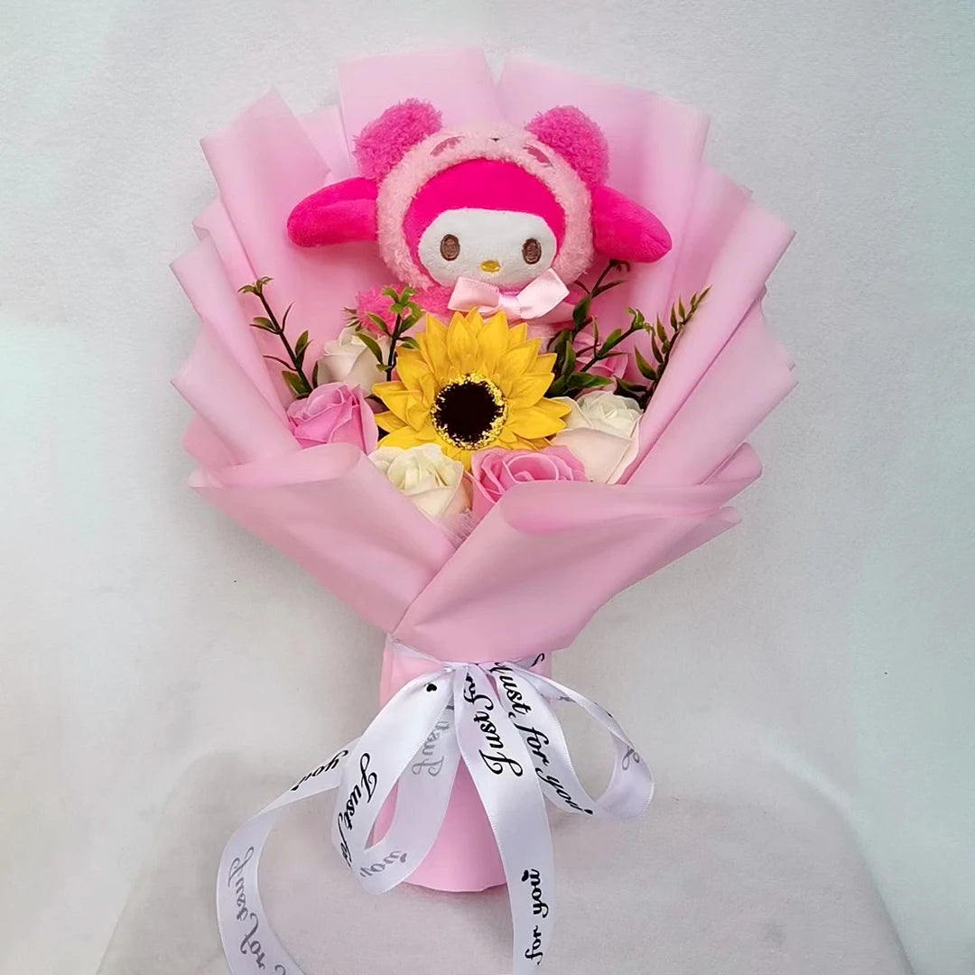 My Melody Anime Kuromi Plush Toy Cinnamoroll Handmade Cartoon  Flower Bouquet Valentine's Day Christmas Birthday Holiday Gifts