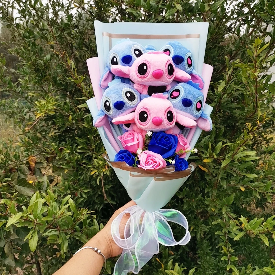 Disney Lilo Stitch Plush Bouquet With Soap Rose Flower Anime Stuffed Animals Home Decoration Valentine Christmas Gift