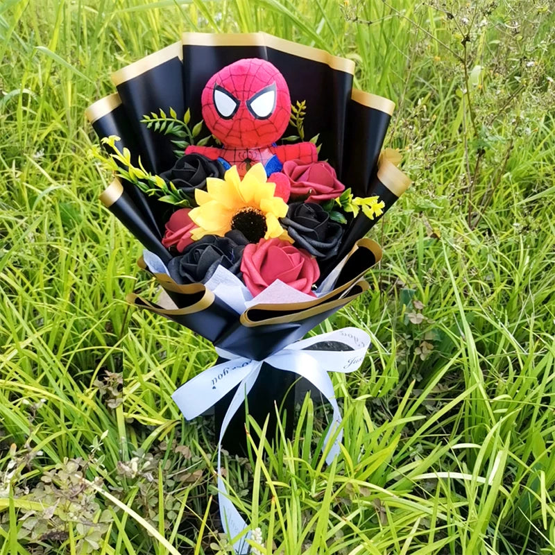 Animation Super Hero Spider Plush Doll With Rose Flower Bouquets Soft Stuffed Kids Graduation Christmas Day Birthday Gifts