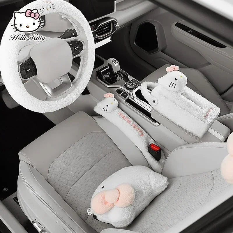 Hot Kawaii Sanrio Car Steering Wheel Protective Hello Kitty Cover Cartoon Headrest Waist Shoulder Car Accessories Sets