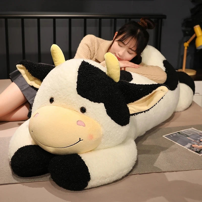 90/110cm Lovely Giant Lying Cow Long Plush Throw Pillow Stuffed Animal Milk Cattle Doll Bed Sleeping Pillow Cushion Home Decor