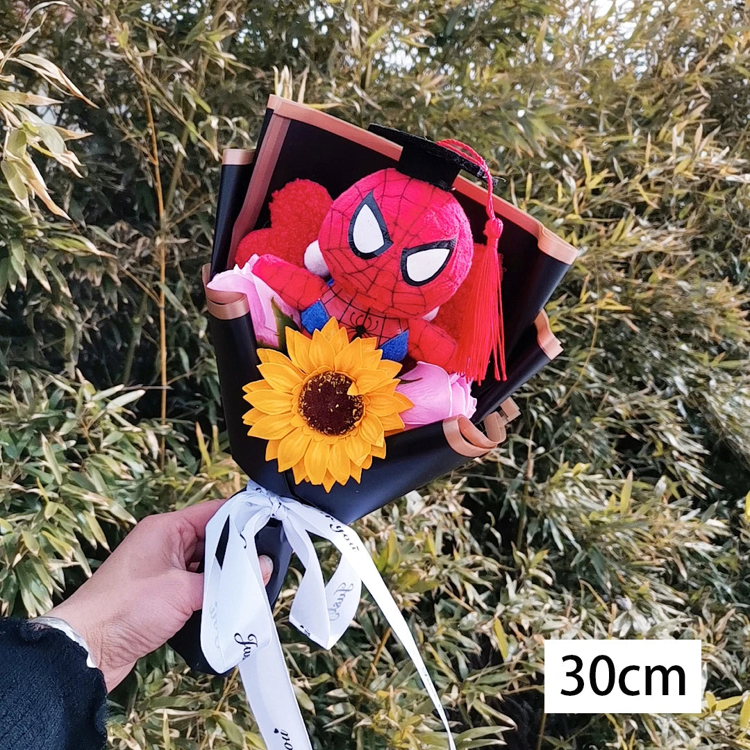 Animation Super Hero Spider Plush Doll With Rose Flower Bouquets Soft Stuffed Kids Graduation Christmas Day Birthday Gifts