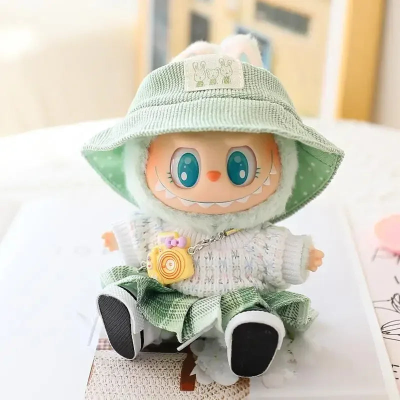 Mini Doll'S Clothes Outfit Accessories For 15-17cm Labubu Idol Knitted sweater JK pleated skirt camera shoes set Clothing Gift