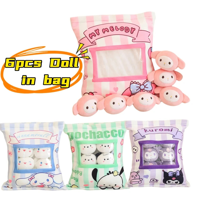 A Bag of Kuromi My Melody Plush Toy Pochacco Cinnamoroll 6pcs Doll in Bag Plushies Stuffed Anime Doll Creative Pillow Home Decor