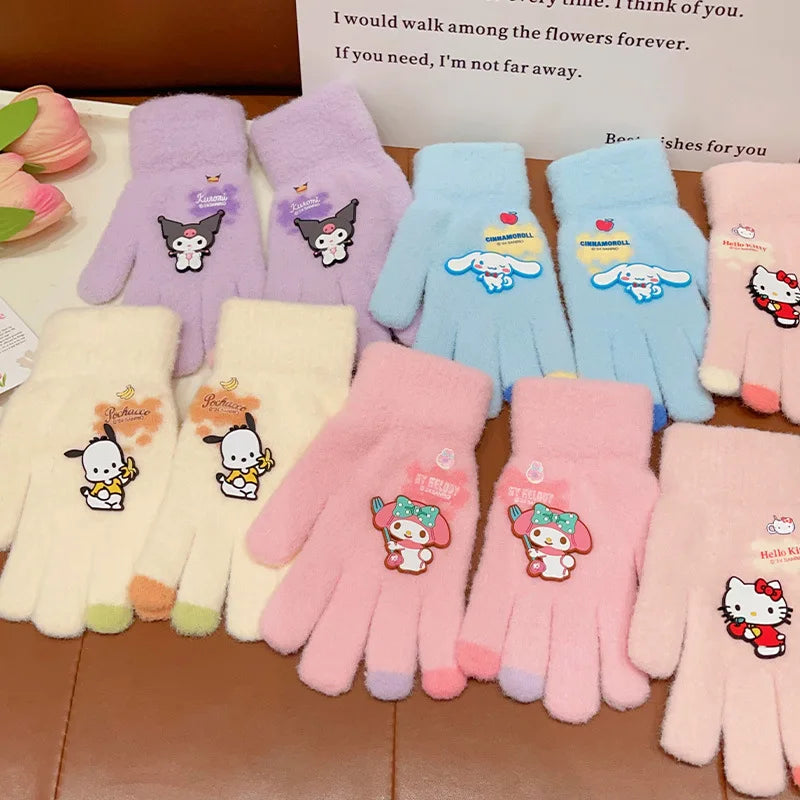 Kawaii Sanrio Hello Kitty Gloves Kuromi My Melody Cinnamoroll Winter Plush Thickened Mittens Girls Gloves 6-12 Years Old Gift