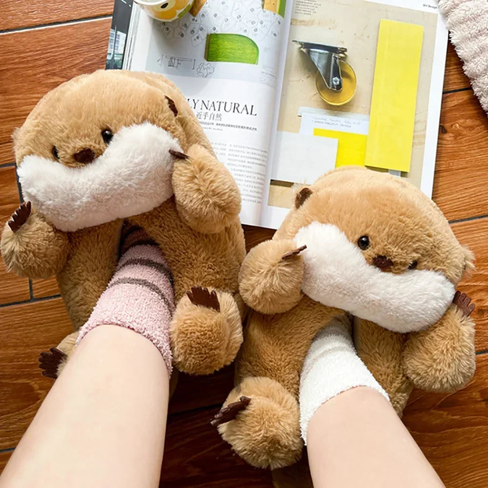 Otter Animals Slippers Cute Cartoon Non-slip Fluffy Slipper Funny Soft Warm Shoes Indoor Couple House Shoes Men Women Gifts