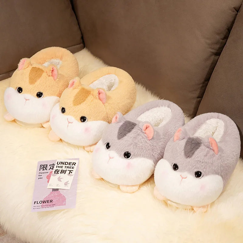 Cartoon Cute Warm Winter Slippers Kawaii Hamster Plush Shoes Soft Sole Flat Home Cotton Shoes Girl Women Adults Floor Shoes