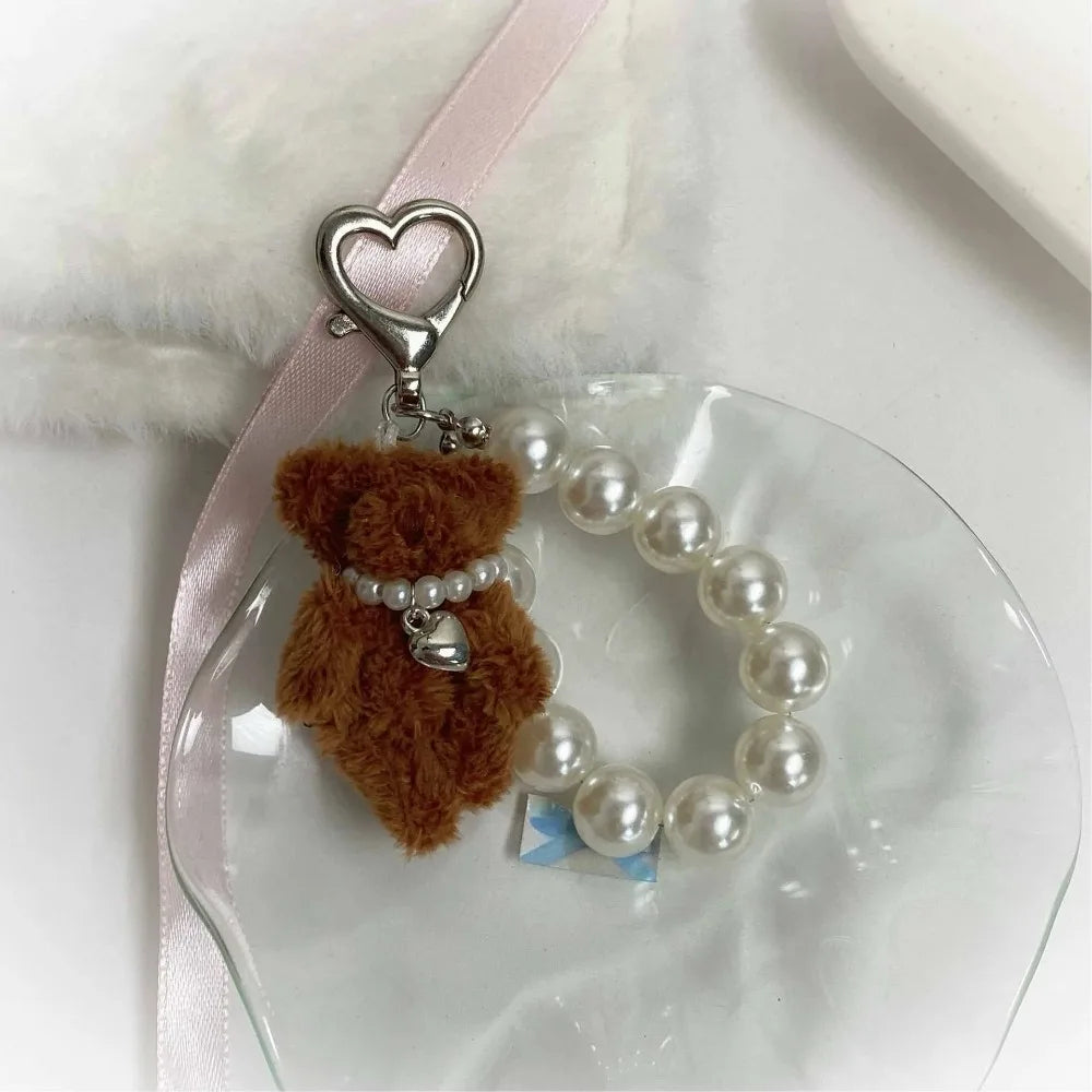 Cute Imitation Pearl Plush Teddy Bear Mobile Phone Chain Gift Hanging Ornament Keychain Handbag Pendant Doll Pendant Women Girls