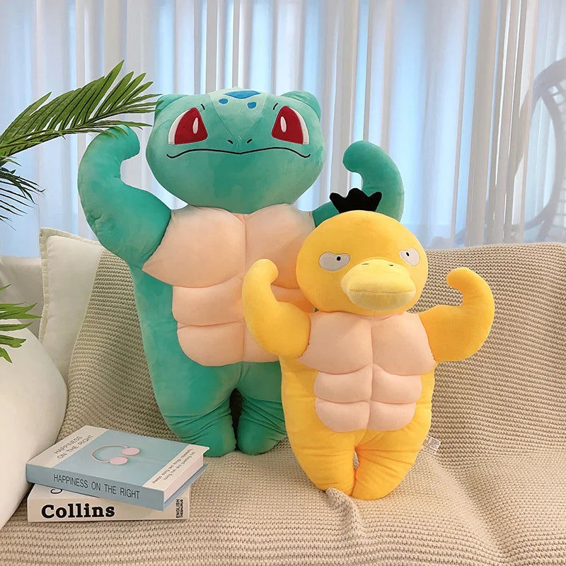 55/80cm Funny Strong Bulbasaur Charmander Plush Toy Stuffed Big Muscle Psyduck Plushies Pillow Back Cushion Home Decor Gifts