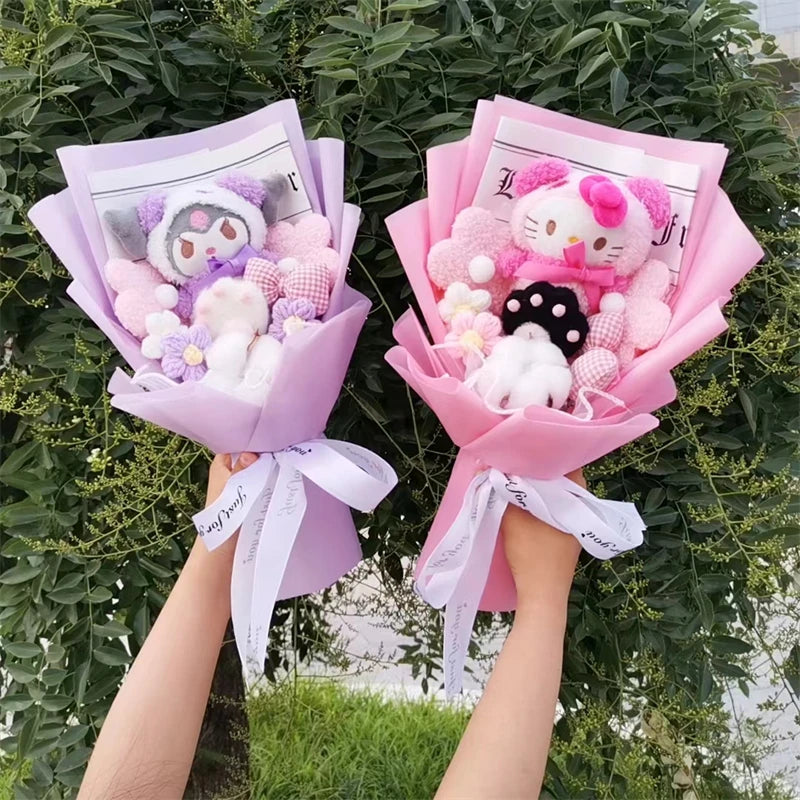 Anime Kuromi My Melody Cinnamoroll Hello Kitty Plush Doll Toy With bowknot Bouquet Valentine's Day Birthday Christmas Gift