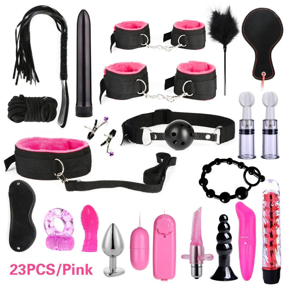 Sexy Nylon BDSM Kit Plush Sex Bondage Sex Toys for Women Set Handcuff Exotic Accessories Sex Games Whip Nipple Clamp Sex Toys 18