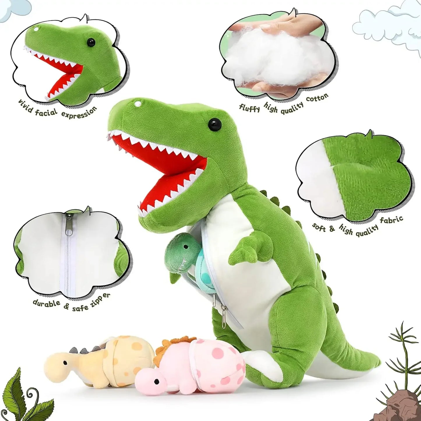 Tezituor Giant Dinosaur Stuffed Animal 23.6'' Big T-Rex Mommy Dinosaur Plush Toy with 3 Cute Baby Dinosaurs & 3 Egg Bags Inside