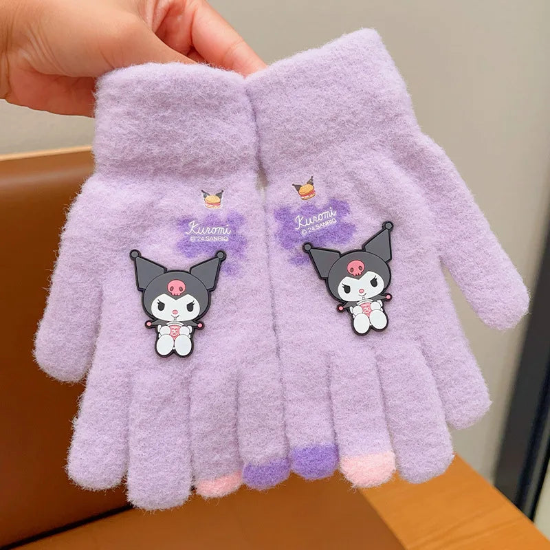 Kawaii Sanrio Hello Kitty Gloves Kuromi My Melody Cinnamoroll Winter Plush Thickened Mittens Girls Gloves 6-12 Years Old Gift