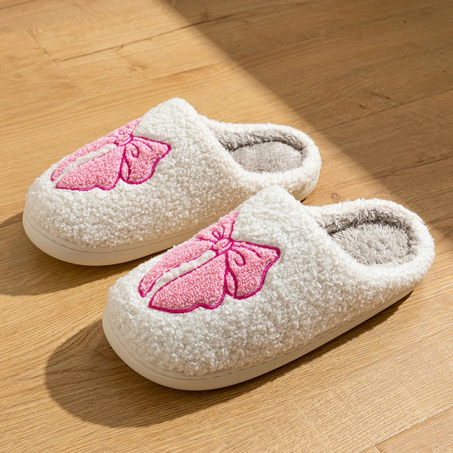 Fashion Cute Pretty Bow Women Slippers Indoor Winter Soft Sole Exquisite Warm Graceful Causal Dormitory Comfy Flat Cotton Shoes