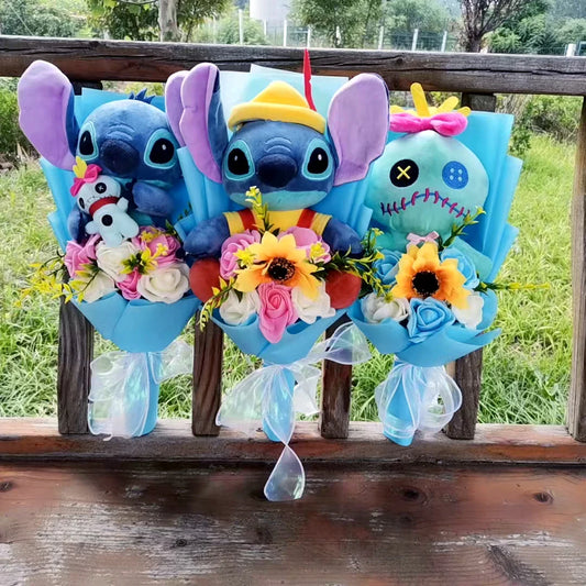 Hot Lilo & Stitch Plush Bouquet With Soap Rose Sunflower Flower Bouquet Cartoon Stuffed Valentine's Day Christmas Birthday Gift