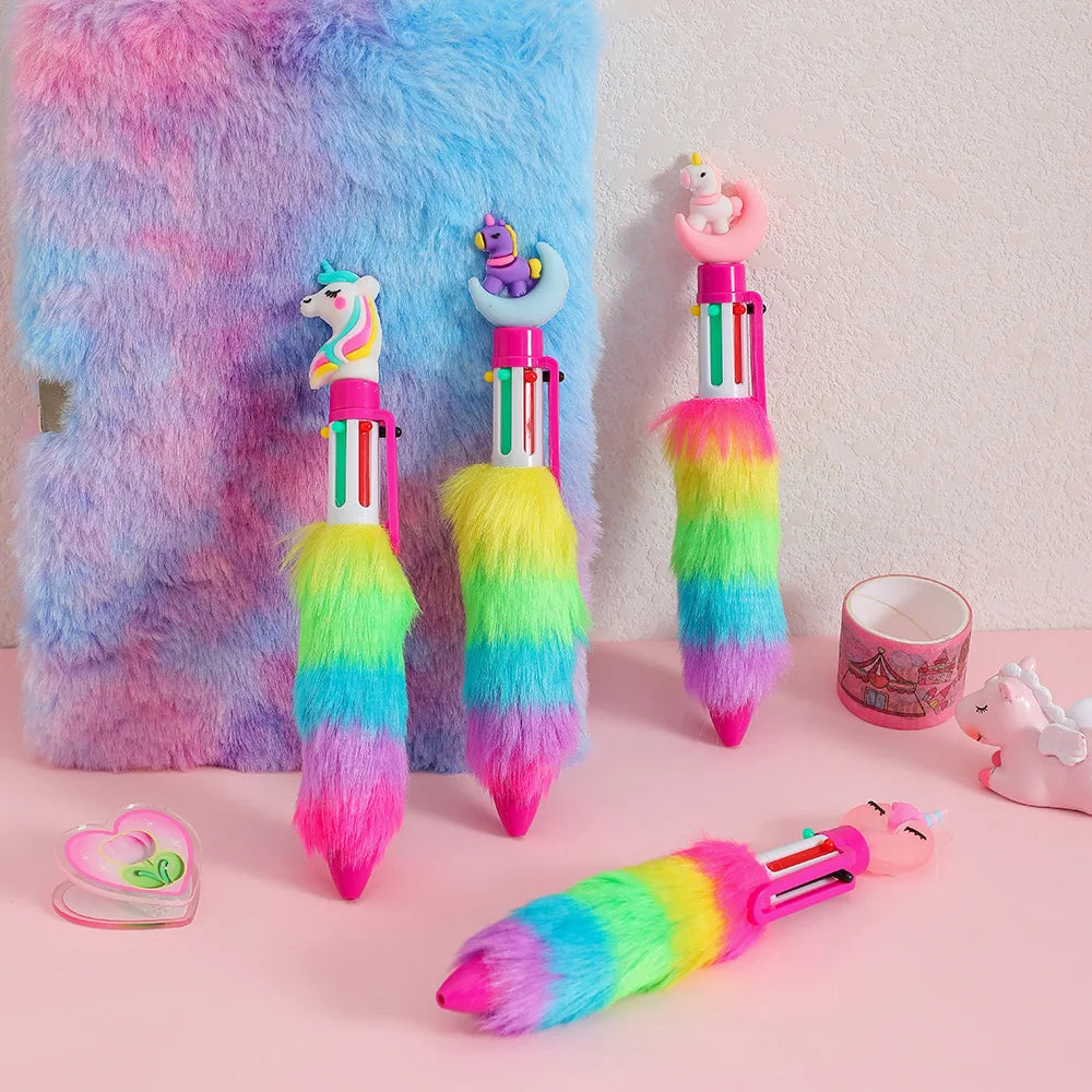 2PCS 6 Colors Children's Unicorn Plush Ball-point Pen Student Rainbow Gel Pen Fantastic Cartoon Girl Handwriting Pens