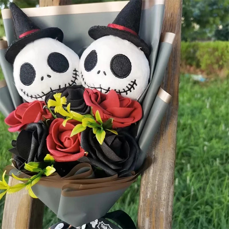 Halloween Jack Skellington Plush Doll Toys With Artificial flower Bouquet Stuffed Terror Skull Ghost Christmas Day/Birthday Day