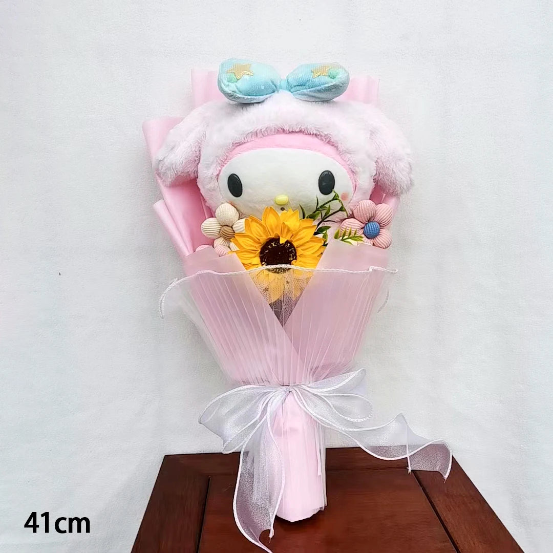 My Melody Graduation Flower Bouquet with Soap Rose Flower, Birthday Sunflower, Anime Plush Doll Toy, Valentine's Day Gifts