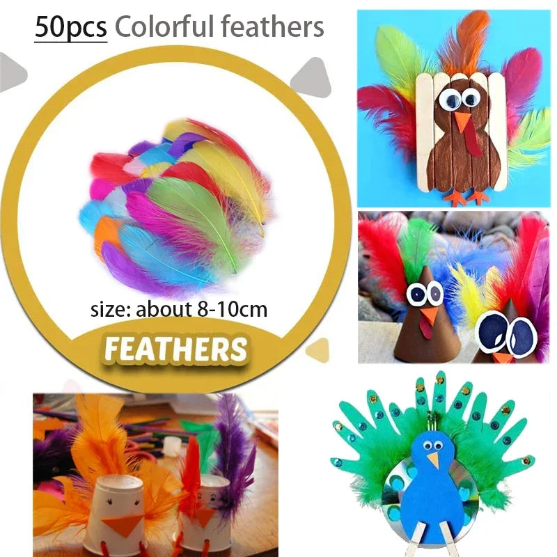 Kids Creative Plush Stick Pompoms Rainbow Colors Feather Eyes Sticker Educational DIY Toys Handmade Art Craft Devoloping Toys