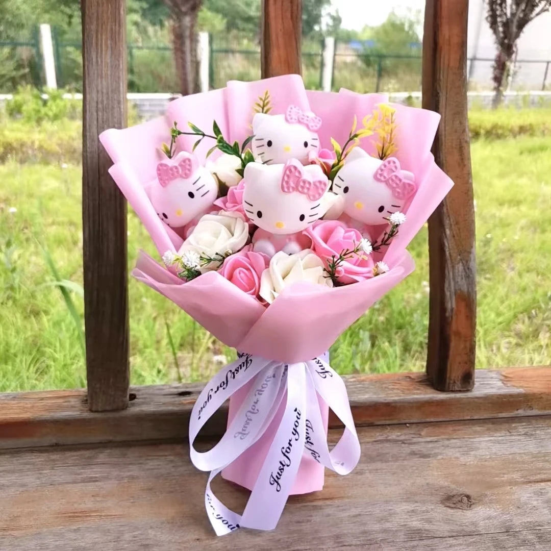 Anime Hello Kitty Cartoon Plush Bouquet Sanrio Artificial Rose Flowers Doll Christmas Home Wedding Decoration Valentine's Day Gi