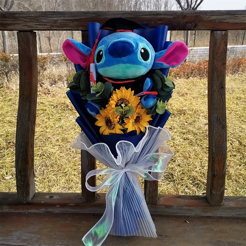 Hot Lilo & Stitch Graduation Plush Bouquet Toys with Sunflower Anime Stuffed Animals Student Graduation Souvenir Birthday Gift