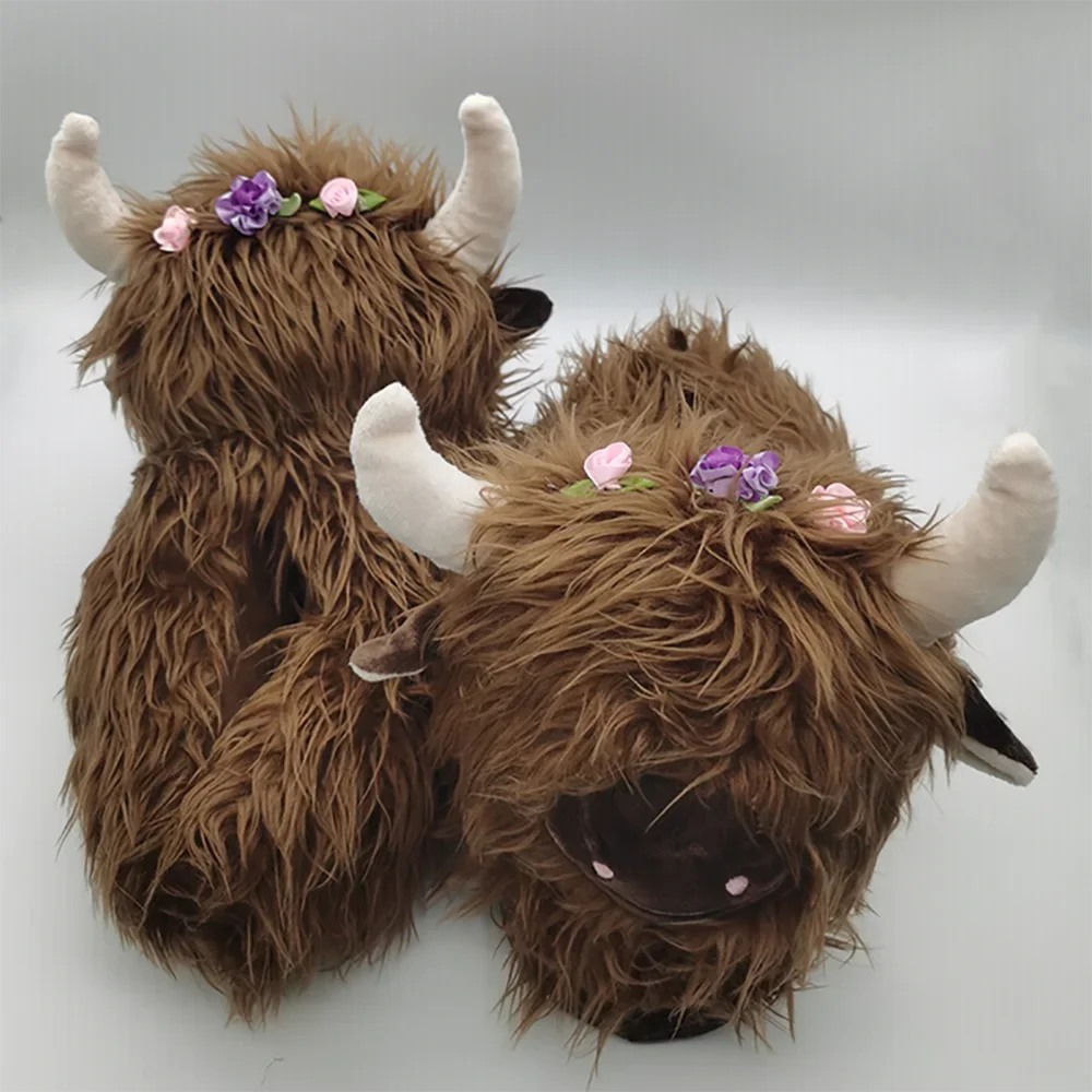 TreasuringU Highland Cow Plush Slippers with Stocks Animals Cow Slippers Kawaii Adult Kids Home Slippers Cattle Christmas  Shoes