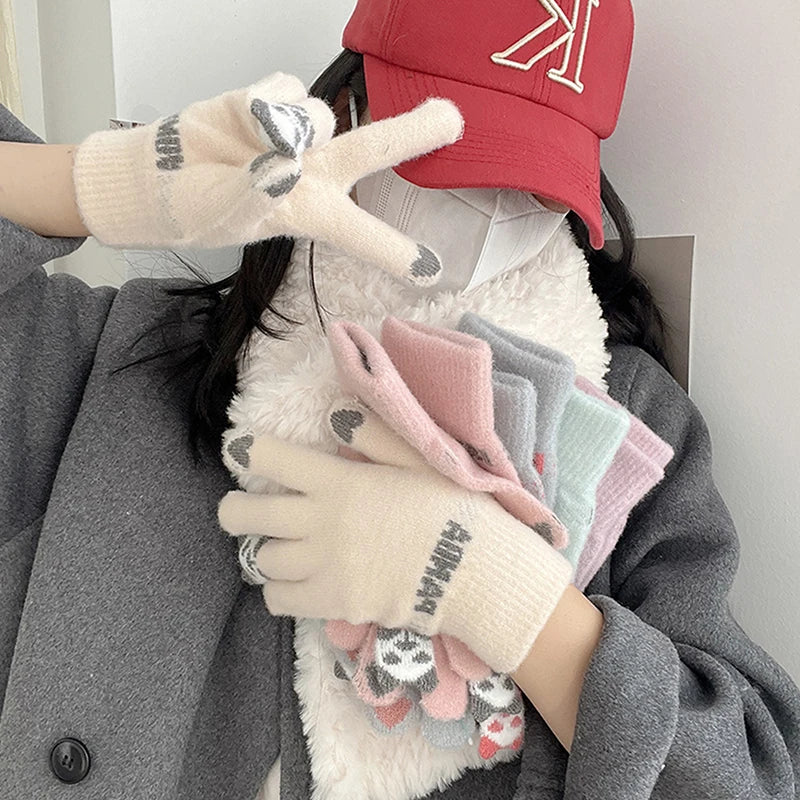 Winter Warm Plush Gloves Cute Cartoon Panda Ring Finger Knitted Gloves Touchscreen Gloves Outdoor Windproof Mittens