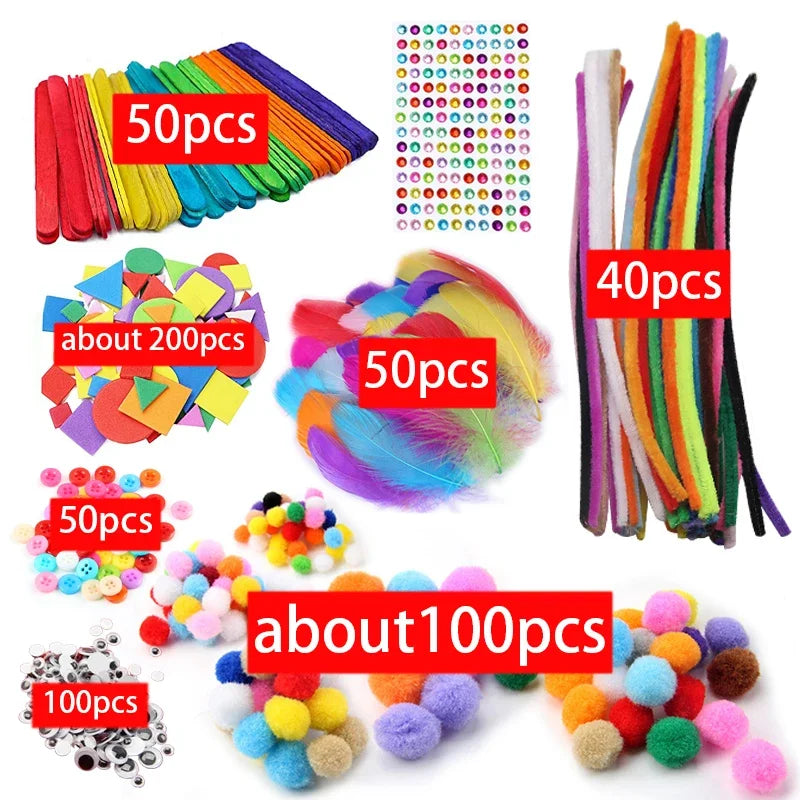 Kids Creative Plush Stick Pompoms Rainbow Colors Feather Eyes Sticker Educational DIY Toys Handmade Art Craft Devoloping Toys