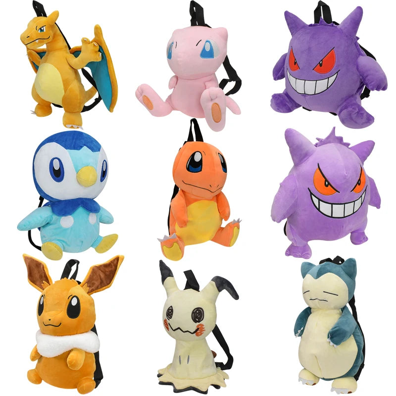 15 Styles Anime Mario Koopa Backpack Pokemon Charizard Mimikyu Eevee Snorlax Gengar Mew Plush Stuffed Toys Cartoon Peluche Dolls