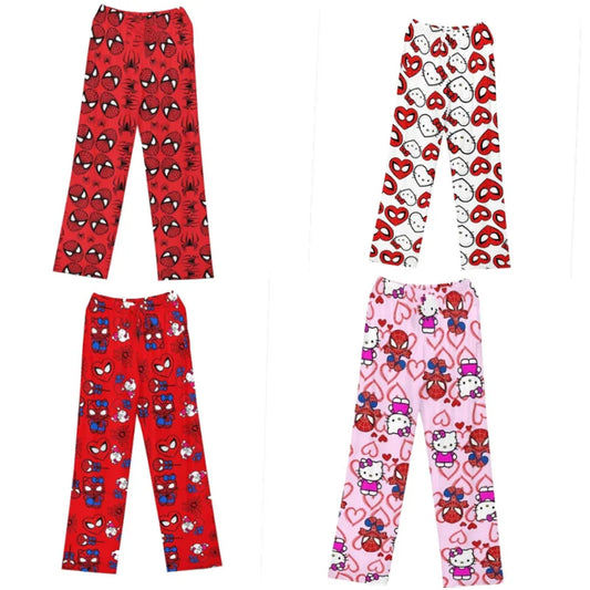 Sanrio Hello Kitty Spider Man Flannel Cartoon Thick Sleepwear For Women In Autumn And Winter Loose And Warm Pants For Wearing