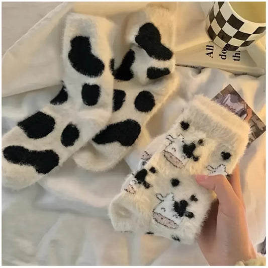 2/3/10 Pairs Women's Plush Mid Length Socks Dairy Cattle Thickening Mink Wool Sweet Soft Warm Stay At Home Women's Floor Socks