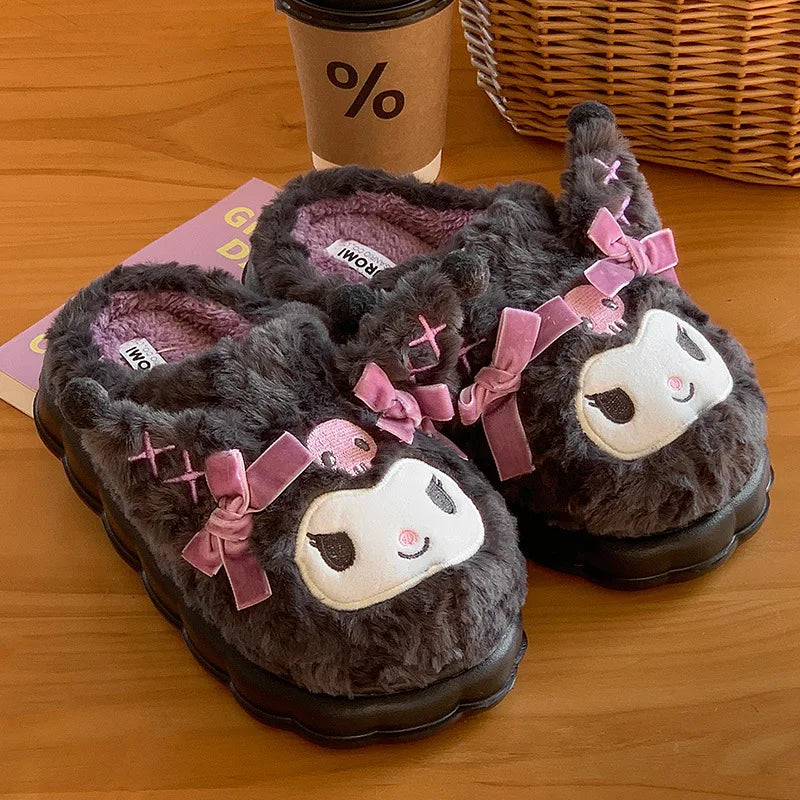 Sanrio Plush Slippers Kuromi Cotton Slippers Sweet Suitable Winter Home Slippers Thick Sole Keep Warm Cotton Shoe Christmas Gift