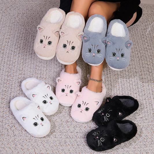 Kawaii Cartoon Cat Fuzzy Slippers - Ultra Soft Fabric Inner, Plush Flat Sole, Cozy Warmth, TPR Durable Outsole, Fabric Upper - P