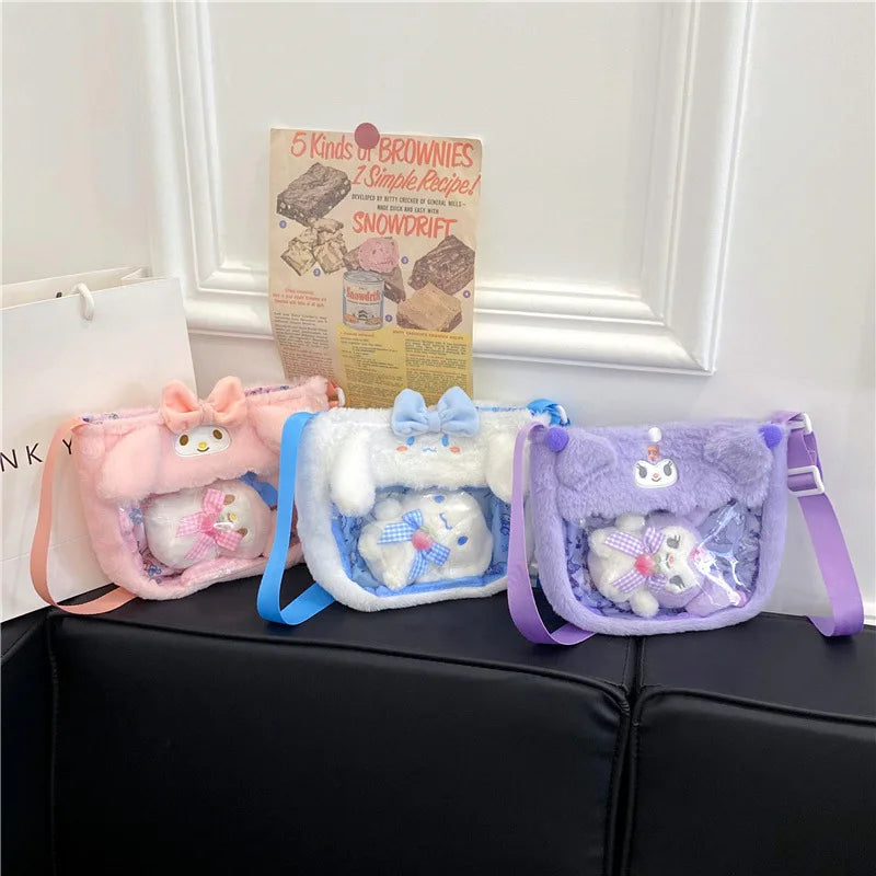 New Kawaii Sanrio Plush Transparent Messenger Bags Cinnamoroll Melody Kuromi Cartoon Doll Hello Kitty Birthday Gift Handbag