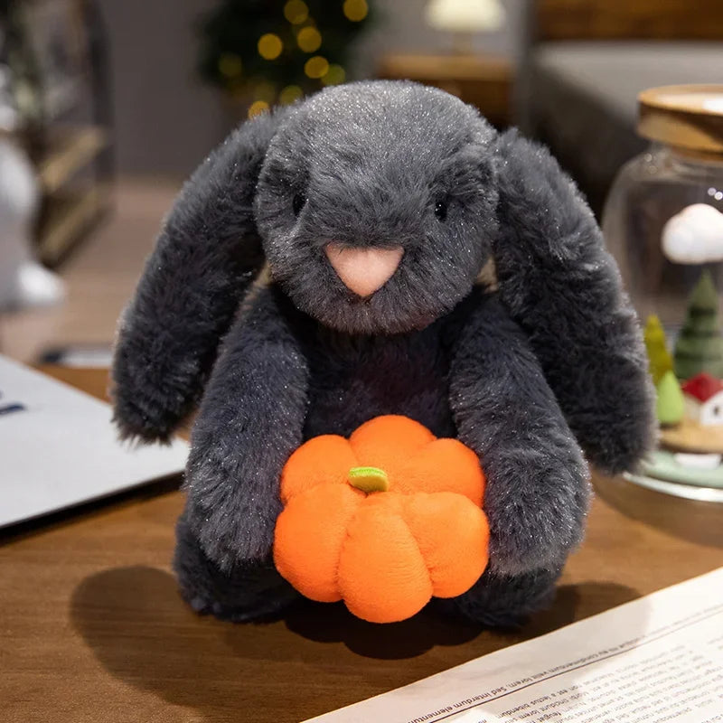 1pc Cute Black Rabbit Hold Pumpkin Plush Toys Soft Pumpkin Bear Earphone &cloak Eggplant Stuffed Doll Halloween Trick or Treat