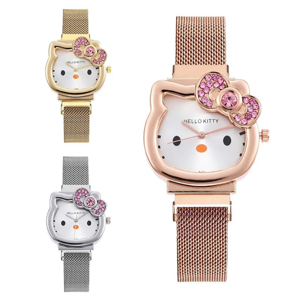 Hot Selling Sanrio Steel Band Watch Simple Cartoon Hello Kitty Cat Watch Women's Leisure Kitty Watch Cute Children's Quartz Watc