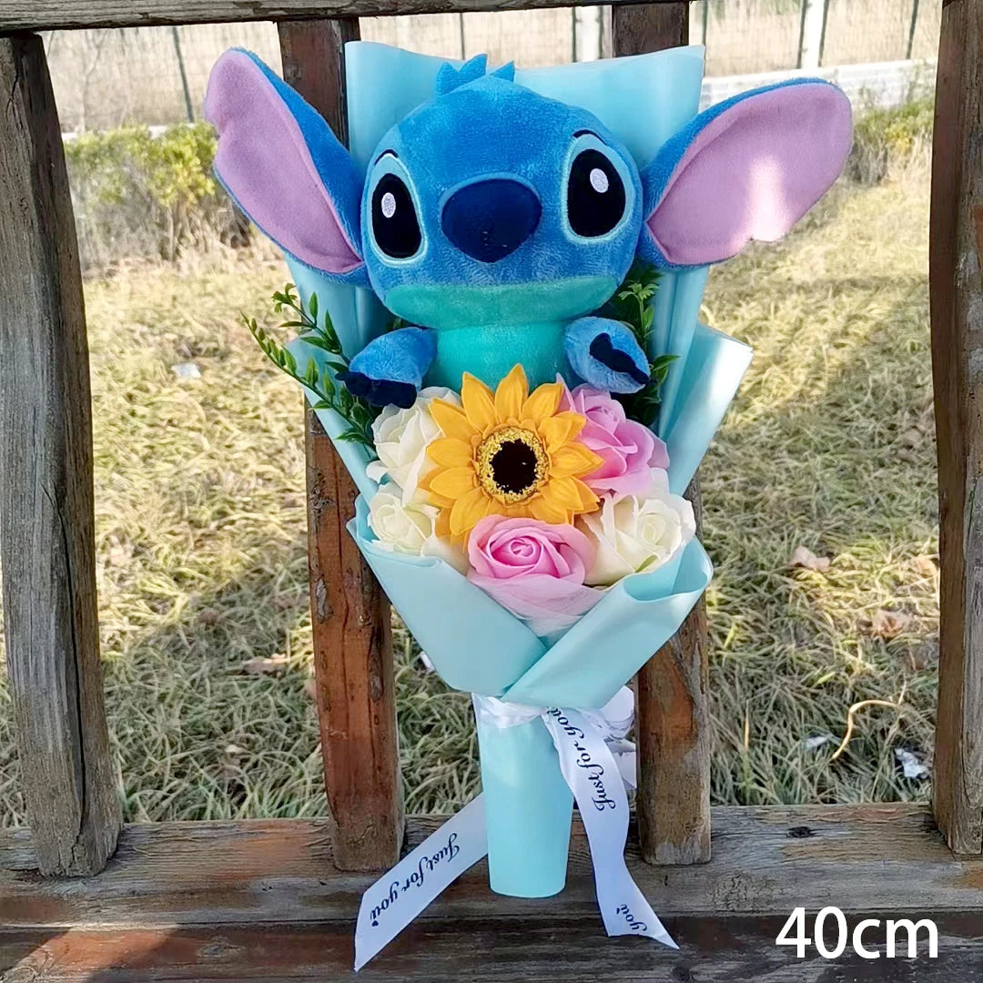 Hot Lilo & Stitch Plush Bouquet With Soap Rose Sunflower Flower Bouquet Cartoon Stuffed Valentine's Day Christmas Birthday Gift