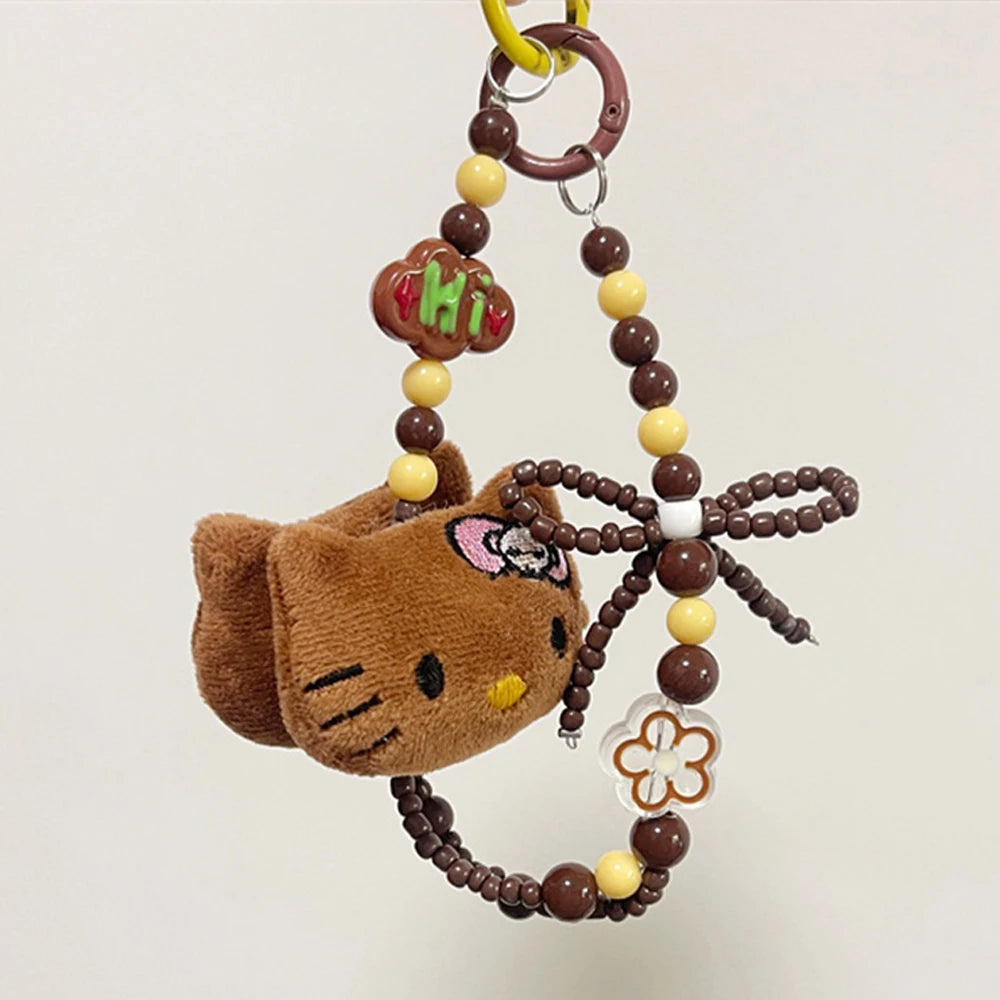 Sanrio Cute Hello Kitty Colorful Beaded Keychain Cartoon Plush Hanging Chain Phone Strap Wrist Strap Backpack Pendant Girl Gifts