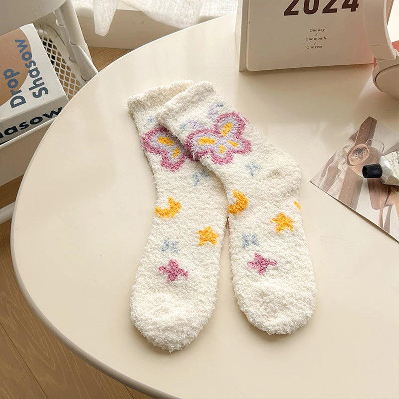 Japanese Kawaii Cute Socks Autumn Winter Thicken Warm Soft Plush Women Socks Coral Fleece Thermal Homewear Floor Sleeping Socks