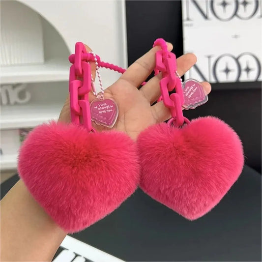 Cars Accessory Natural Fur Heart Charm Keychain Creative Soft Plush Toys Keychain Cute Silicone Valentines Day Gifts Best Friend