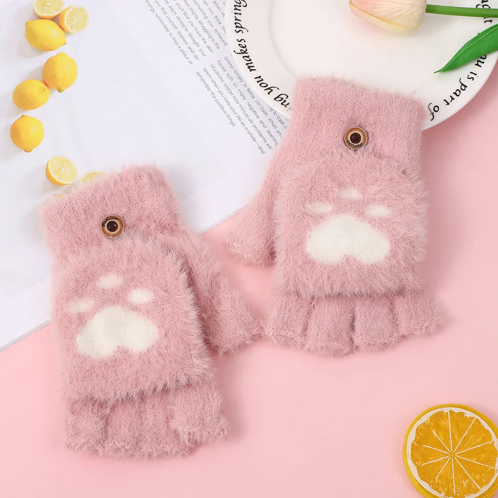 Thicken Women Warm Cat Gloves Fashion Girls Cat Claw Paw Plush Mittens Soft Plush Short Fingerless Half Finger Winter Gloves